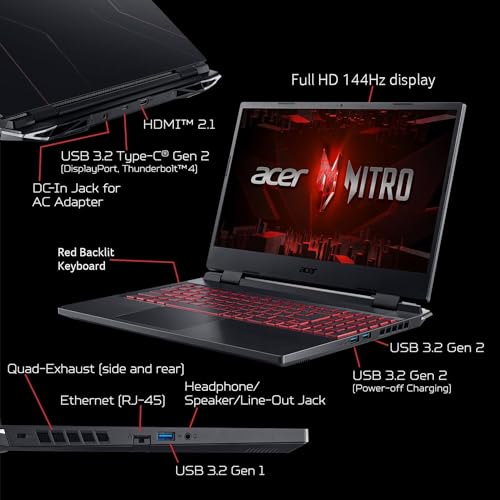 Image of Acer Nitro 5 Gaming Laptop, 15.6 inch FHD IPS 144Hz Display, 12th Gen Intel 12-Core i5-12500H, GeForce RTX 3050, 64GB RAM, 2TB PCIe SSD, Thunderbolt 4, Backlit Keyboard, WiFi6, PDG HDMI Cable, Win 11 Pro