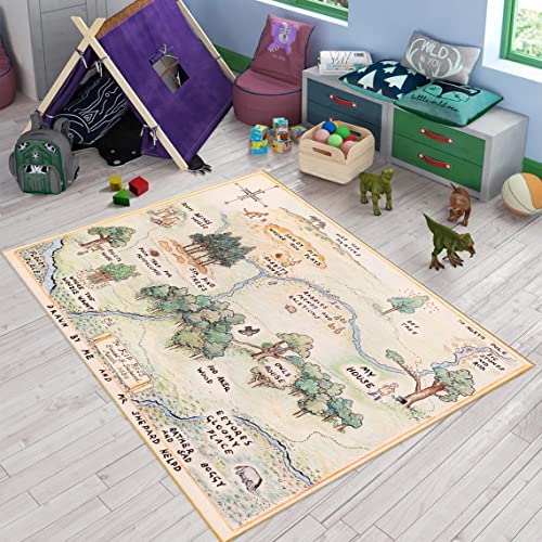 Image of Generic Kids Room Rug, Pooh Bear Map, Soft Play Rug, Area Rug, 180x280cm, Mix, Low Pile, Machine Made, Cotton, Non-Slip, Indoor, Bear, Character, Logo