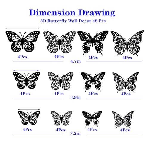 Meikeer 3D Butterfly Wall Decor 48 Pcs 4 Styles 3 Sizes, for Birthday Decorations Party Decorations, Removable Wall Stickers Interior Decoracions Kids Nursery Classroom Wedding Decor (Black) - Thumbnail 2