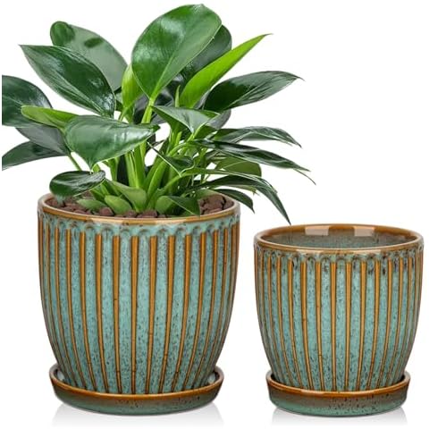 Oairse Ceramic Pots for Indoor Plants, 4.9 +5.7 inch Pots for Plants Set of 2 Bluish Grey Plant Pots with Drainage Holes and Saucers Texture Ceramic Planters Indoor Outdoor Flower Pots for Succulent Cover