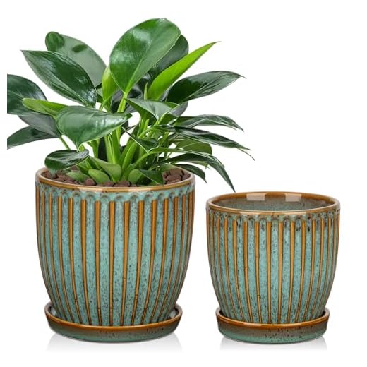 Oairse Set of 2 Ceramic Plant Pots 13CM 15CM Green Ceramic Planter with Drainage Holes and Saucers Decorative Stripe Plant Pots Indoor Modern Flower Pots for Succulent Cactus Orchid House Plants