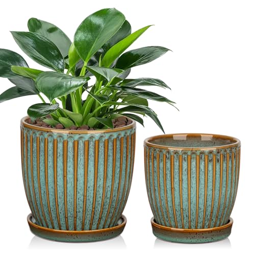 Oairse Juego de 2 macetas de cerámica acanaladas, macetas con posavasos de drenaje para plantas de interior, decoración retro para juegos de jardinería al aire libre, diámetro de apertura 15 cm/13 cm,