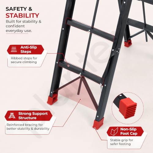 Image of Plantex Ladder for Home 4 Steps /Foldable Heavy-Duty A-Frame Step Ladder /Home, Office & Warehouse - (Red & Black,150 kg Capacity)