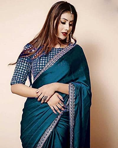 Image of Flosive Women's Embroidered Work Border Zarna Silk Saree With Blouse Piece (RAMA)