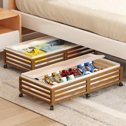 Under Bed Storage with Wheels-Large Bamboo Underbed storage Containers with Large Dust Bag Stackable Under the Bed Shoe Storage Bins for Clothes Books Bedding (2 Packs walnut, 33.07"L×16.54"W× 6.5"H) by Xadgve - Used condition - Image 6
