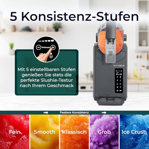 KLAMER Slush Machine with 5 Preset Programmes: Slushie, Cocktail, Milkshake, Frappé, Wine, Automatic Cleaning, 2L Capacity, Turbo Freeze, No Ice Required