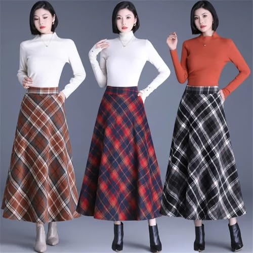 Women's Spring High-Waisted Korean Style Swing Slim-Fit Thickened Midi-Length Wool Plaid Skirt3