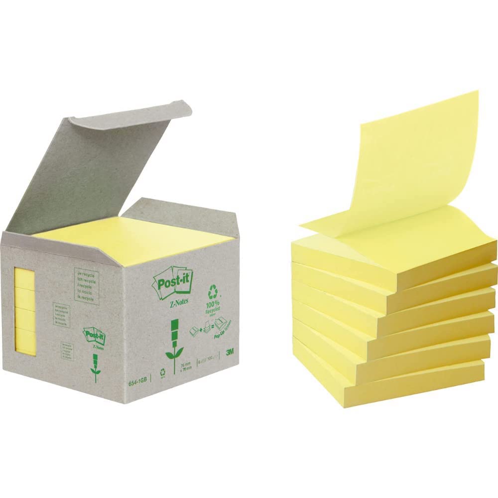 Post-it R330-1B Recycled Z-Notes Tower Pack, 6 Pads Per Pack, 76mm x 76mm (100 Sheets Per Pad)