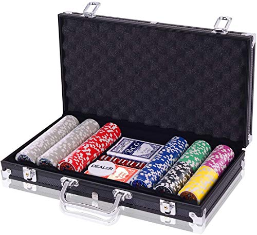 RELAX4LIFE Set da Poker con Accessori Completi, Set per Giochi da Tavolo con 300 Chips, 2 Mazzi di Carte, 5 Dadi, 1 Pedina e 1 Custodia, Set da Poker con Valigia in Alluminio (Nero)