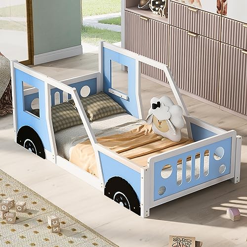 Merax Twin Size Classic Car-Shaped Platform Bed with Wheels, Wood Car Bed Frame for Boys, Blue
