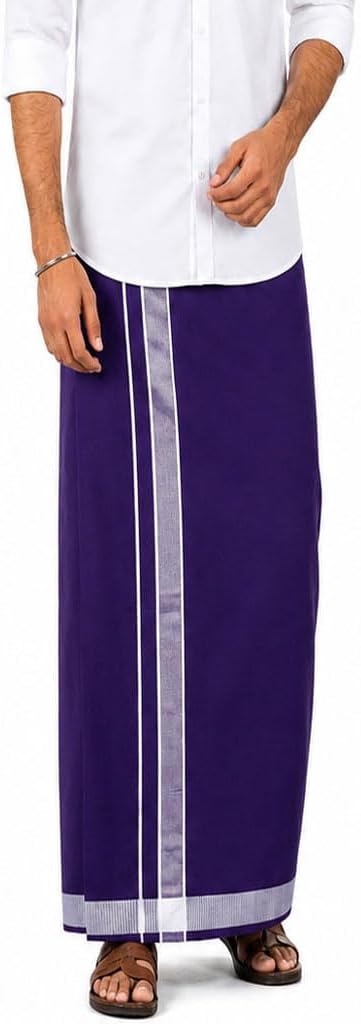 Men's Cotton Colored Dhoti with Fancy Border Kerala-style Veshti Mundu Kaili Lungi 2.0 Mtrs