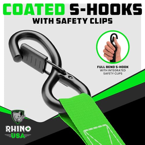 Image of Rhino USA Ratchet Straps Tie Downs (4-Pack) - 1 Inch x 15 Feet (1,823lb Break Strength) - Ultimate Tie Down Straps with Safety S Hooks - for Trucks, Cargo, Moving, Appliances - Green