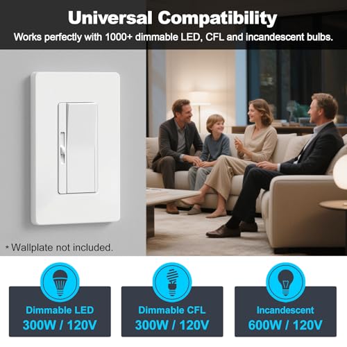 Image of BESTTEN 3 Pack Slide Dimmer Light Switch, Quiet Rocker, Super Slim Single Pole or 3 Way Dimmable Switch, Max 300W LED, CFL, 600W Incandescent, ETL Listed, White