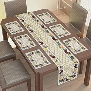 WISH CART HOME Jacquard Cotton Rectangular Dining Table Mat with Runner 6 Seater | Anti Skid Table Mats Set of 6 and Runner Cloth Kitchen Placemat Set Washable and Heat Resistant, Net Flower