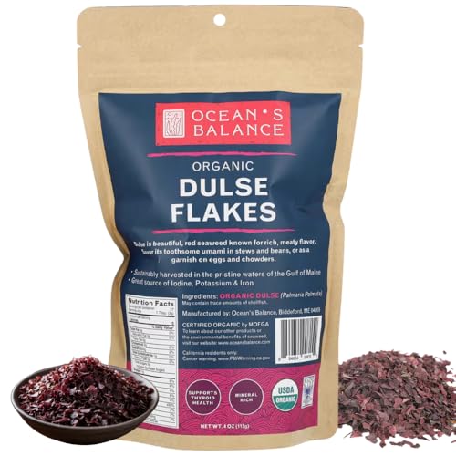 Ocean's Balance Organic Dulse Flakes — Atlantic Dulse Organic Flakes for Keto, Paleo Diet, Vegetarian & Vegan Diets — Dried Vegetable Gluten Free Products (4oz/Bag)