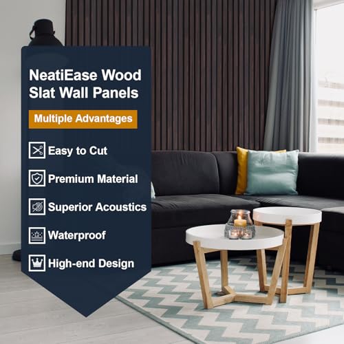 Image of NeatiEase Wood Panels for Wall, 4-Piece 96 inch x 12.6 inch Soundproof Wood Slat Wall Panel for Interior Wall Decor Noise Cancelling, Wood Acoustic Wall Panels, Sound Absorbing Panel (Dark Walnut)