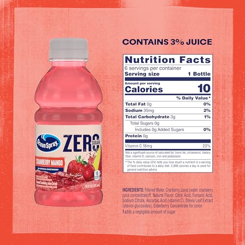 Image of Ocean Spray ZERO Sugar Strawberry Mango Juice Drink, Strawberry Mango Juice Drink Sweetened with Stevia, 10 Fl Oz Bottle, 6 Count (Pack of 2)
