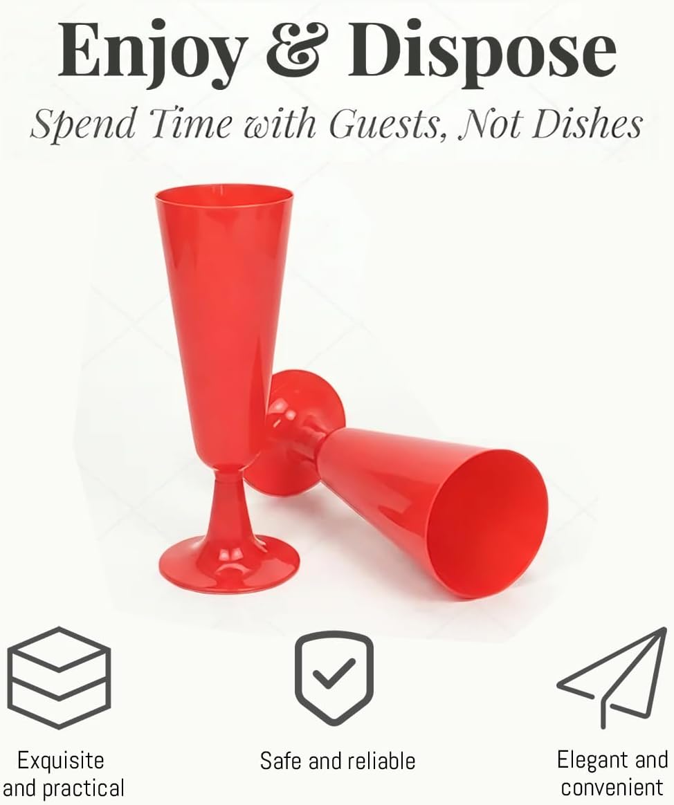 100 Pack Red Disposable Champagne Flutes, 5.5 oz Food Grade Plastic Stem Wine Glasses, Shatterproof Elegant Party Cups for Wedding Birthday Graduation Holiday Catering Indoor Outdoor Events