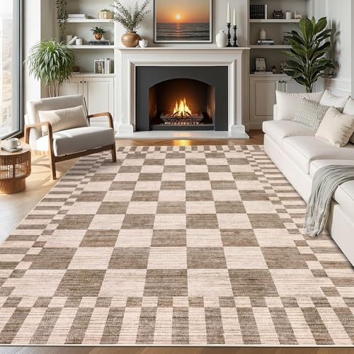 GarveeHome Brown Checkered Rug 5×7 Area Rugs for Living Room，Geometric