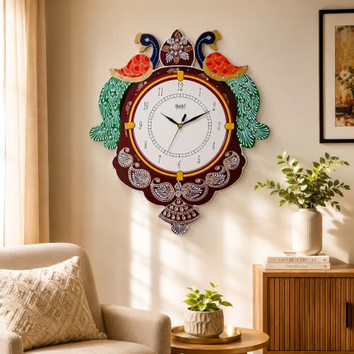 Image of Ajanta Peacock Decorative MDF Wooden Wall Clock for Home Decor