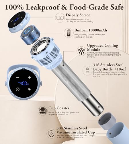 PURZOT Electric Portable Breast Milk Cooler, Battery Operation Breastmilk Chiller with LED Display, Stainless Steel Baby Bottles for Work & Travel, Pass-Through Charging Cooling for 24 Hours(Blue) — view 5