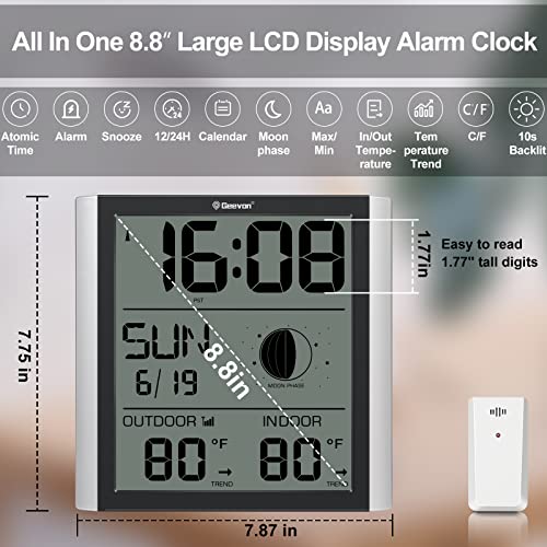 Geevon Atomic Wall Clock With Backlight, Auto-Set Digital Atomic Clock With Indoor Outdoor Temperature,Calendar,Moon Phase For Home Office Elderly(1 Wireless Outdoor Sensor) #TOP5