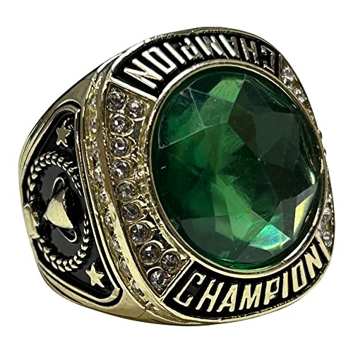 Express Medals Champion Gold Color Trophy Ring with Green Synthetic Center Stone Award Gift Fantasy Prize with Display Neck Chain and Stand Championship Rings