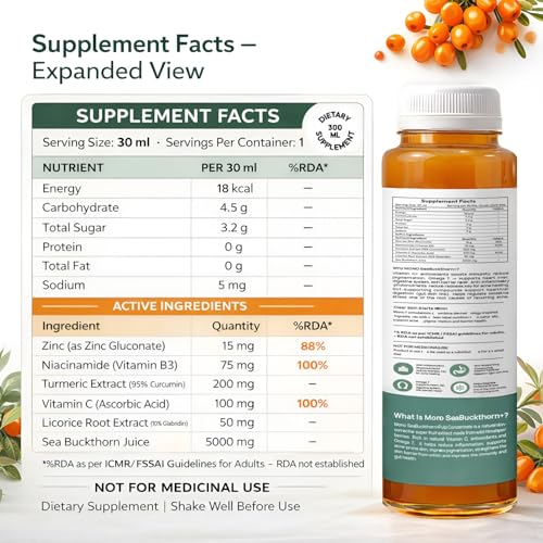 Image of Mono Sea buckthorn Juice 300ml | India's 1st Himalayan, 100% Pure Cold-Pressed SeaBuckthorn Berry Pulp Concentrate | Support Immunity, Acne, Skin Glow & Gut Health | 50 Glasses Vit C & Omega 3 6 7 9 Antioxidants.
