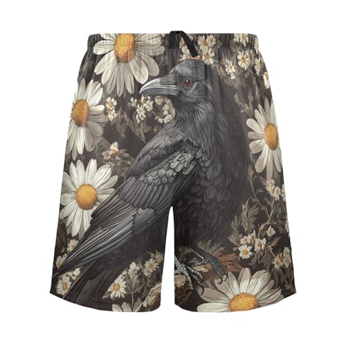 Men's Short Pajama Bottoms Crow Bird Floral Daisy Home Casual Sleep Pants