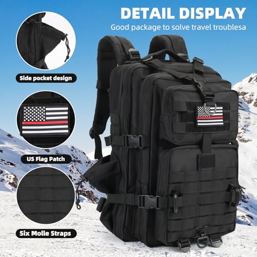 Image of Hannibal Tactical MOLLE Assault Backpack, Tactical Backpack Military Army Camping Rucksack, 3-Day Pack Trip w /USA Flag Patch, D-Rings, Flag patch with water bottle