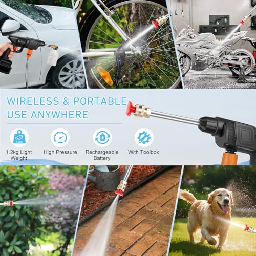 Hidrolimpiadora Inalámbrica, Máx 90 Bar Lavadora de Alta Presión Portátil con 2 Baterías, Boquilla Multiaspersión 6 en 1, Manguera de 5M, Lanza de Extensión, Herramienta de Limpieza Automóviles - imagen 7