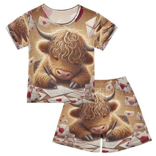 Highland Cow Valentines Pajama Set Short Sleeve Sleepwear Soft Pajamas Shorts Sets Cotton PJS 5Y
