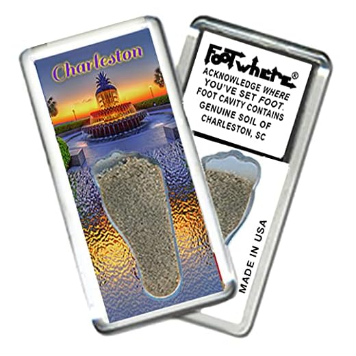 Charleston FootWhere® Souvenir Magnet. (SC204 - Fountain) Authentic Destination Souvenir acknowledging Where You've Set Foot. Genuine Soil of Charleston, SC encased Inside Foot Cavity. Made in USA
