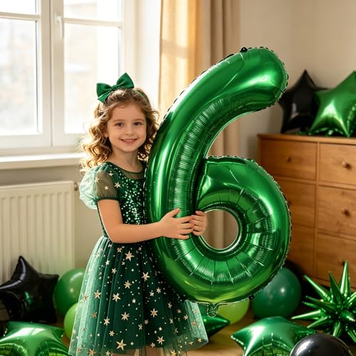 Image of TONIFUL 6th Birthday Balloons 40 Inch Green Large Number 6 Foil Balloon 18 Inch Helium Mylar Heart Star Shaped Ballons for Boys Men Birthday Anniversary Graduation New Year Eve Party Decoration