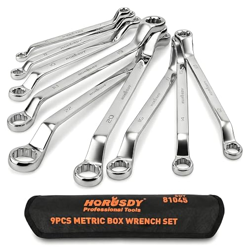 HORUSDY 9-Pieces Metric Offset Box Wrench Set with Rolling Pouch 50-Degree Metric 6-24mm CR-V Steel