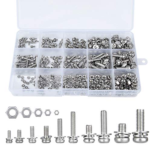 Loscrew M2 M2.5 M3 M4 M5 (insgesamt 300 Stück) Flachkopfschrauben und Sechskantmuttern Unterlegscheiben-Sortiment-Kit für Maschinenbefestigung Cover