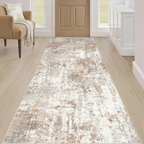 Runner Rug Kitchen Washable Rugs: 3x10 Non-Slip Abstract Soft Modern Stain Resistant Indoor Floor Neutral Accent Throw Carpet for Hallway Bathroom Laundry Room Entryway Bedroom- Brown