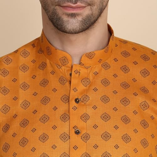 Image of KRAFT INDIA Men's Cotton Blend Geometric Printed Straight Long Regular Kurta and Elastic Waistband Pyjama Set