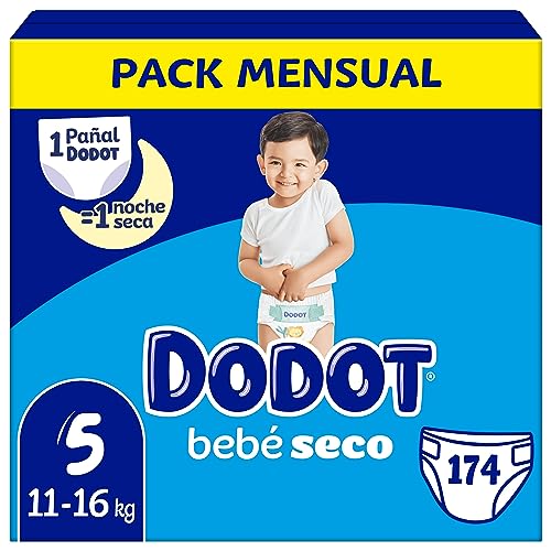 Dodot Pañales Bebé-Seco, Talla 5 (11-16 kg), 174 Pañales + Regalo de 1 Pack de 10 Toallitas Aqua Pure 99% Agua,Una Noche Hasta Un 100% Libre De Fugas, Pack mensual