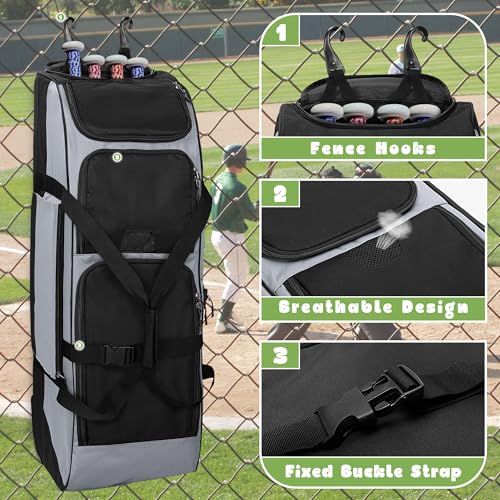 GOBUROS Rolling Baseball Softball Bag with Wheels for 4 Bats, Baseball Duffle Bag with Separate Shoe Space and Multiple Pockets for Softball Equipment, Gray - Thumbnail 3