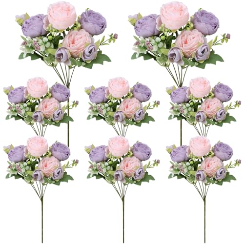 Ovveroche 8 Pack Pink, Purple Peonies Artificial Flowers, Fake Silk Hydrangea Bouquet for Bridal Wedding Home Table Decor Reusable Dining Opening Ceremony Birthday Arrangement Faux Floral