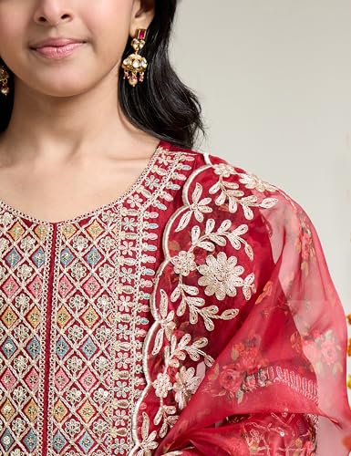 Image of Amazon Brand - Symbol Girl's Rayon Ethnic Wear Embroidered Kurta Set with Net Dupatta