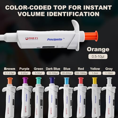 Image of 4E's USA Lab 0.5-10μL Pipette: Single-Channel Adjustable Micropipette with Color-Coded Top (Orange), 4 Digit Display, Universal Tip Cone, High Accuracy, ISO 8655 Calibrated & Lower Part Autoclavable