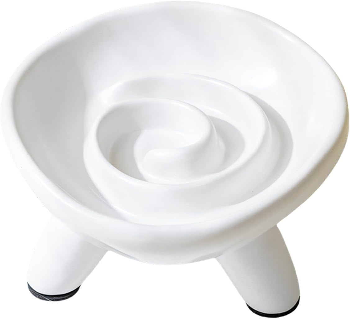 Easy Ceramic Slow Feeder Bowl for Cats and Small Dogs, Raised Tripod Pet Bowl with Interior Design Anti Gulp Pet Raised Feeder Glossy Ceramic Daily Feeding Station Dry Food Dishwasher