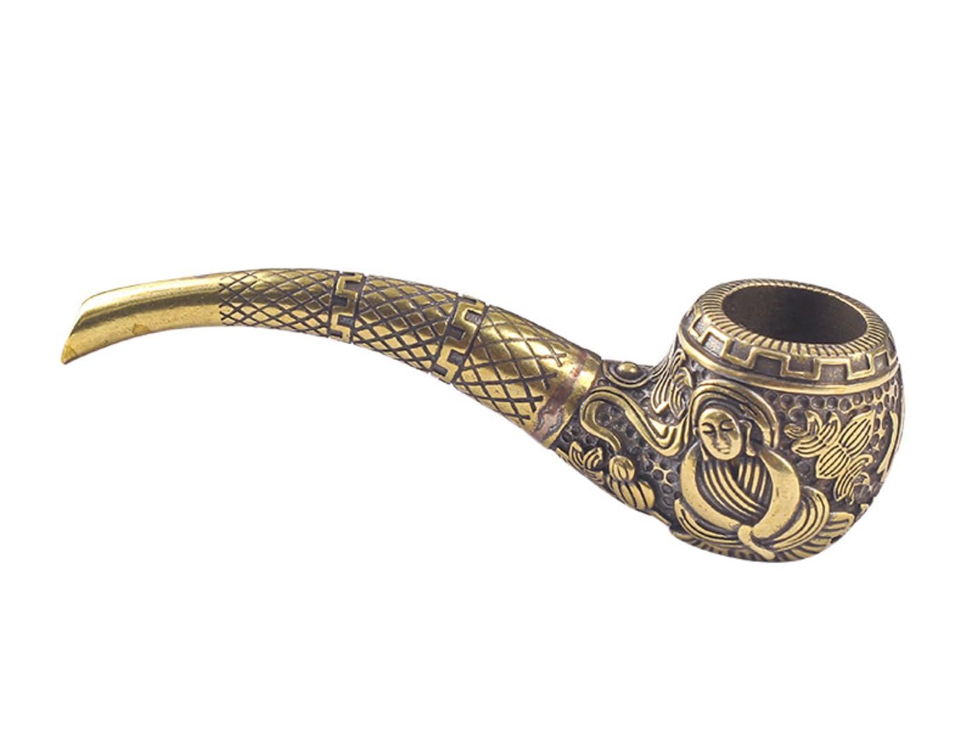 Tingyilan Pure Copper Smoking Pipe for Tobacco and Cigarette, Buddha and Fo Chinese Character Carved Tobacco Pipe Portable Collectible,Brass,S