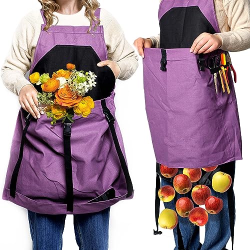 OYOWUOT Gardening Apron with Quick Release Pockets for Women, Fruit Picking Bag for Gardeners, Adjustable Waterproof Canvas Harvest Apron for Men Collecting Vegetables, Flowers, Weeding (Purple)