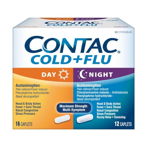 Contac Non-Drowsy Day & Multi-Symptom Night Cold & Flu Medicine, Maximum Strength Relief for Fever, Sore Throat, Nasal Congestion, Head & Body Aches, Runny Nose, 28 Count, 16 Day, 12 Night Caplets
