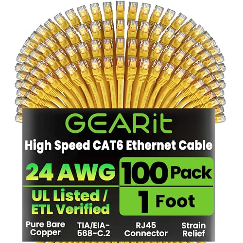 GEARit Cat 6 Ethernet Patch Cable 1 ft Yellow (100 Pack) Cat6 Patch Cables 1ft Yellow/Ethernet Patch Cable, 10Gbps 550MHz 24AWG Pure Copper, Snagless, Gold Plated RJ45 for Router, Server, Router, PC