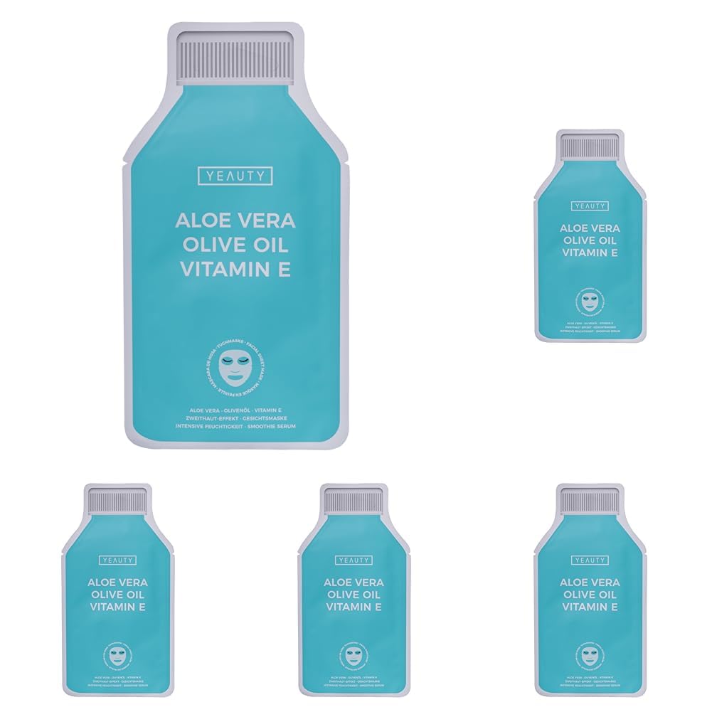 YEAUTY SMOOTHIE Tuchmaske Aloe Vera, Olivenöl & Vitamin E – Feuchtigkeitsspendende Gesichtsmaske für intensive Pflege, strahlende Haut – 100% biologisch abbaubar – 5er Pack