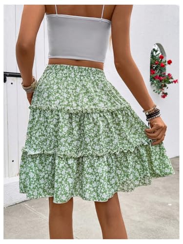 Women's Floral Ruffle Layered A Line Skirts Drawstring Waist Frill Boho Flowy Short Skirt2